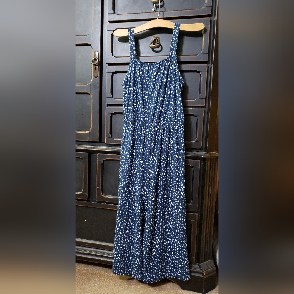 wonder nation Navy Blue Floral Dress with White Leaf Print